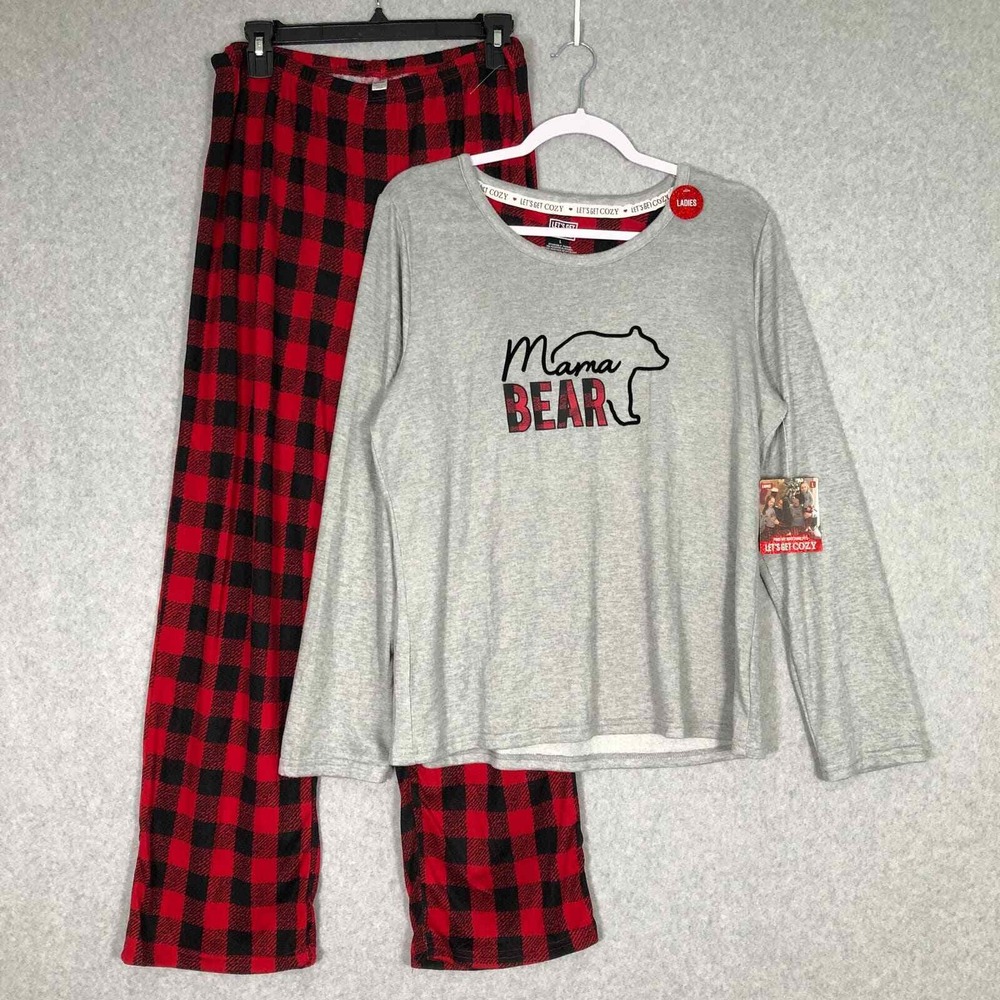 Lets Get Cozy Pajama Set Womens Large Mama Bear Buffalo Check Fleece‎ Knit Comfy